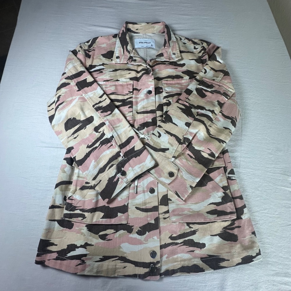 NWOT Ena Pelly Pink‎ Camo Utility Jacket Drawstring Waist Field Coat Womens 4
